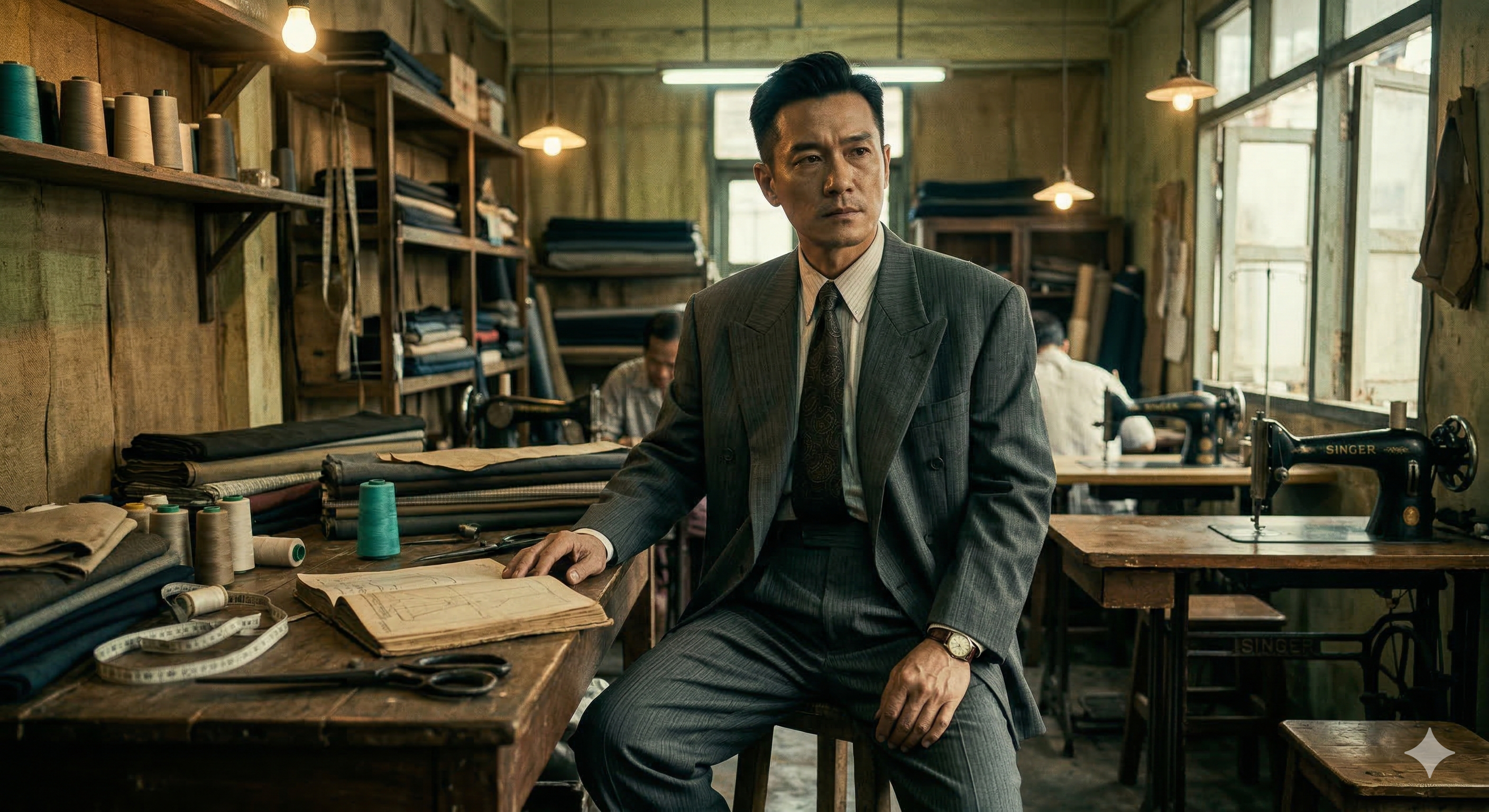 Head tailor in his workshop with order books and sewing machines