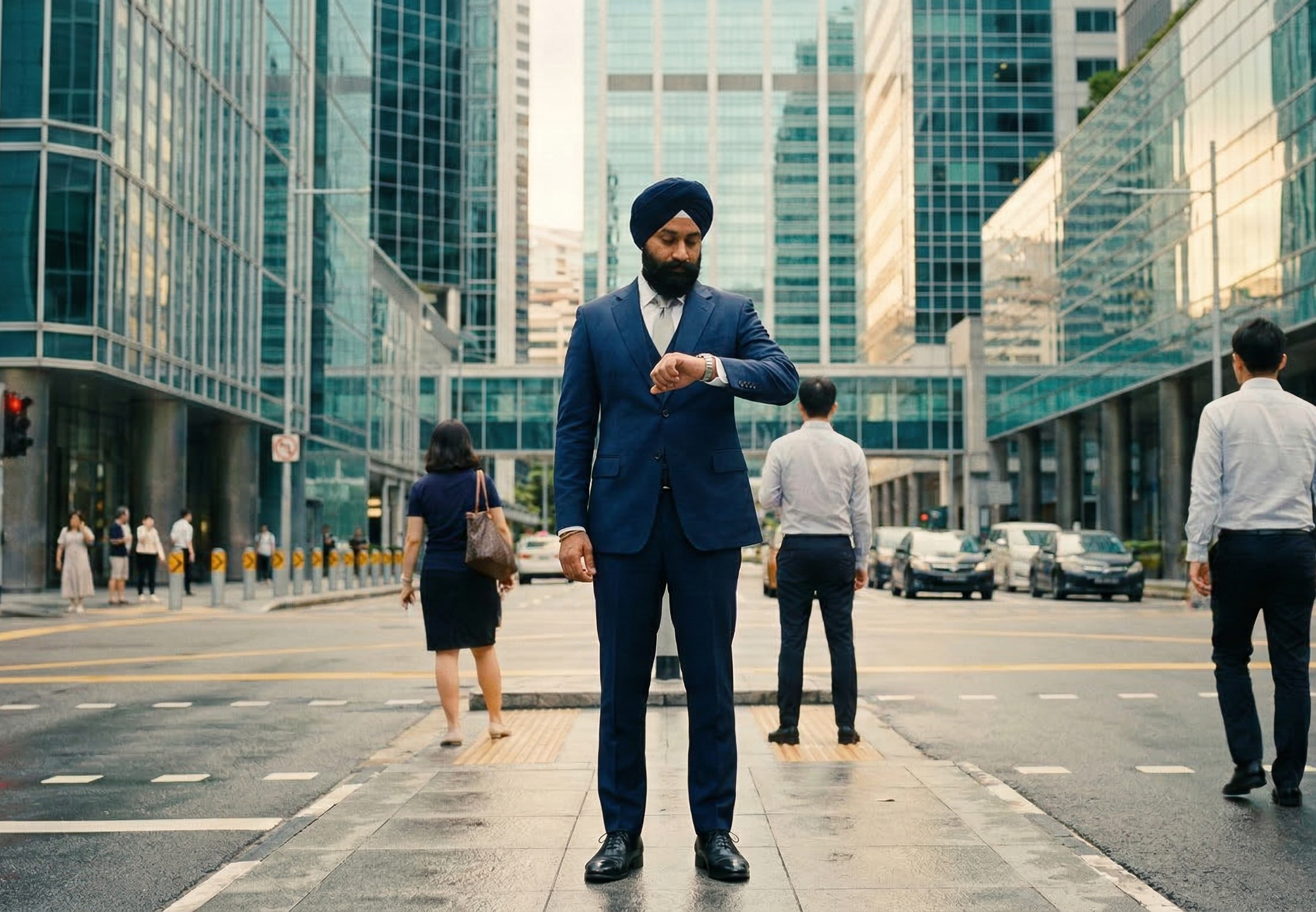 Stitch client checking the time in a financial district