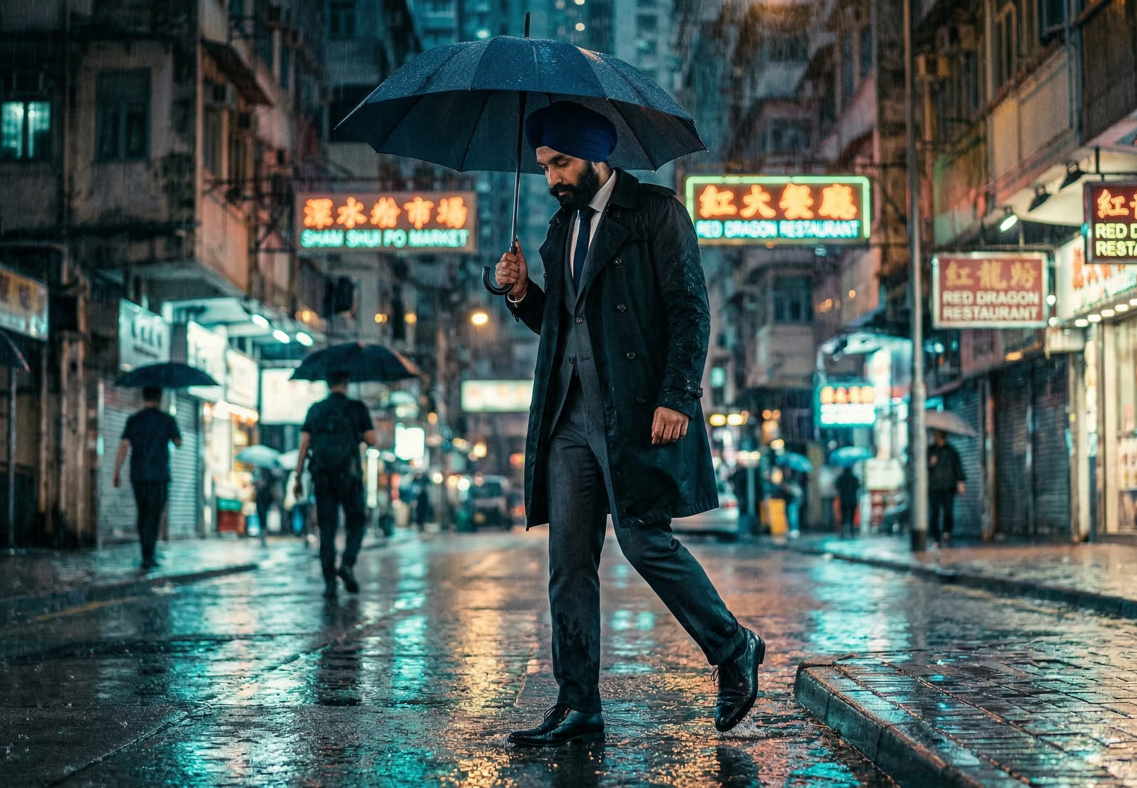 Stitch client walking a rainy Hong Kong street at night