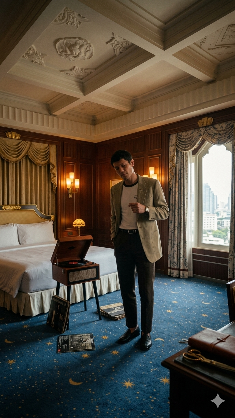 Stitch client in a hotel room between fittings