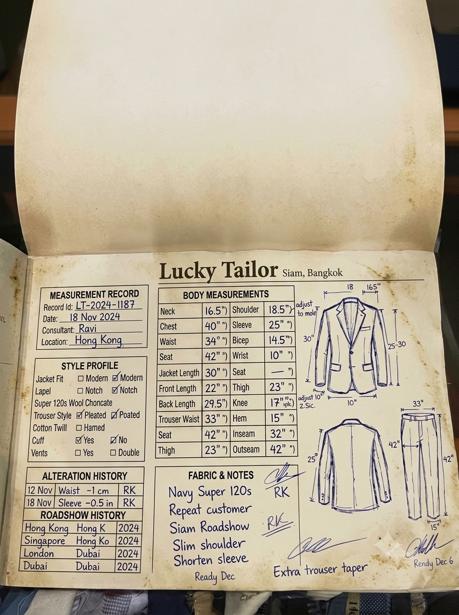 Handwritten order book page — Lucky Tailor, Siam Bangkok