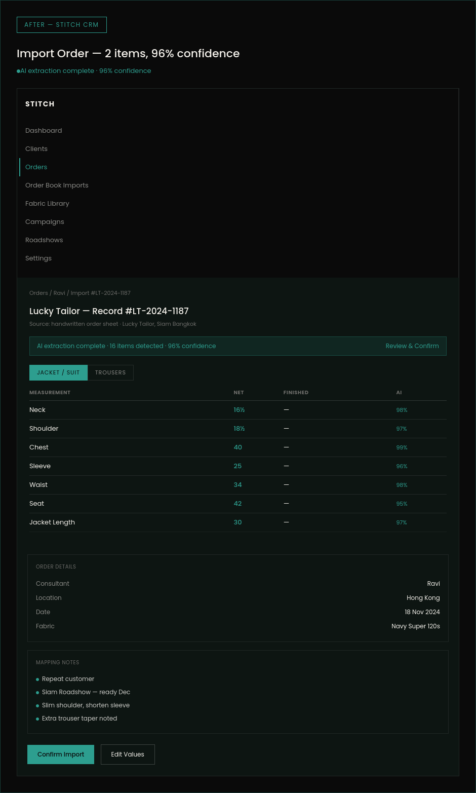 Stitch CRM import screen showing extracted measurements for Lucky Tailor record LT-2024-1187