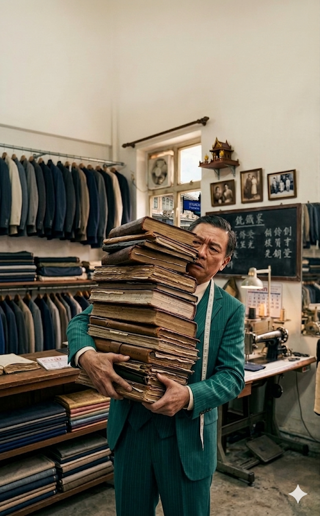 Tailor carrying a stack of decades-old order ledgers